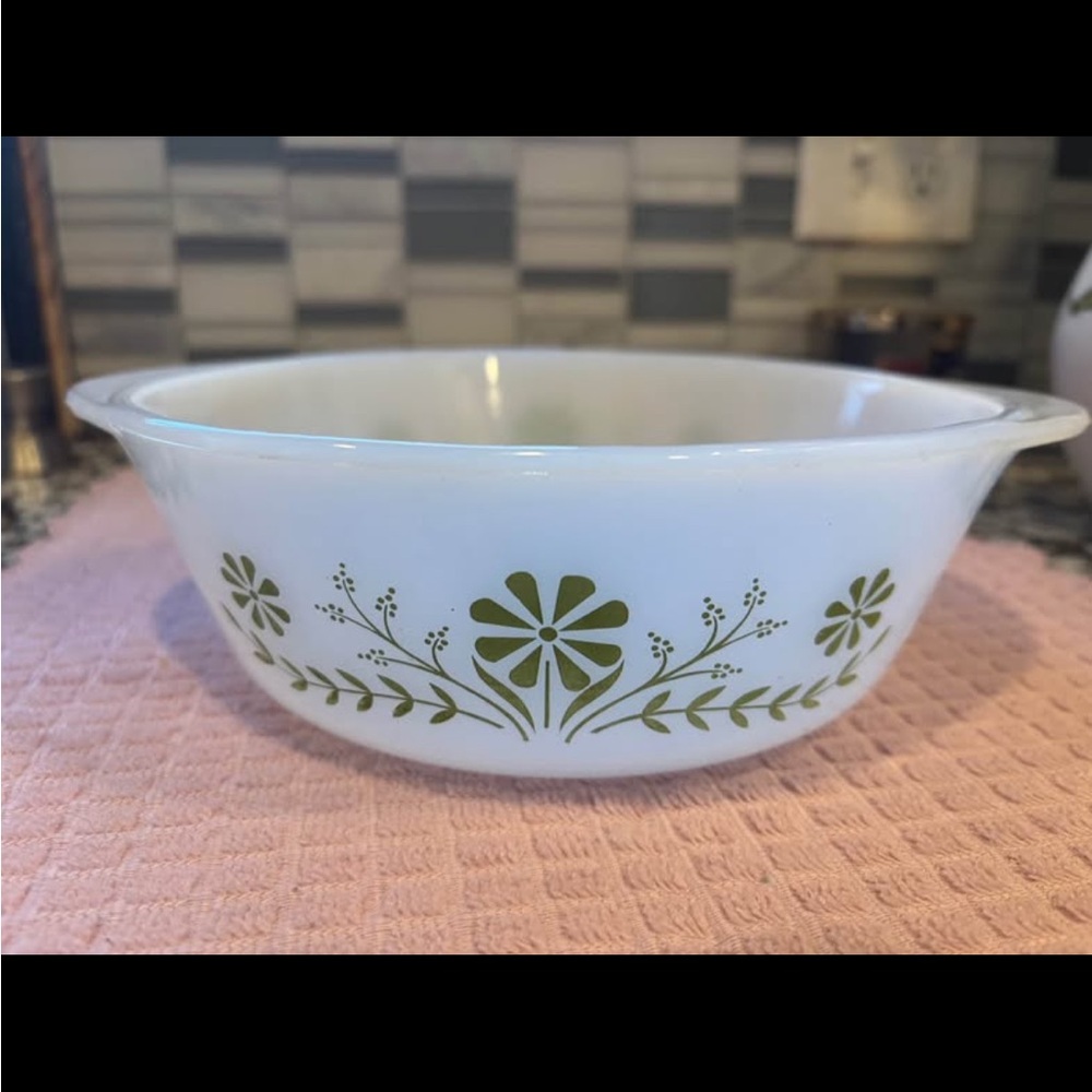 Pyrex White Bowl with Green Floral Design
